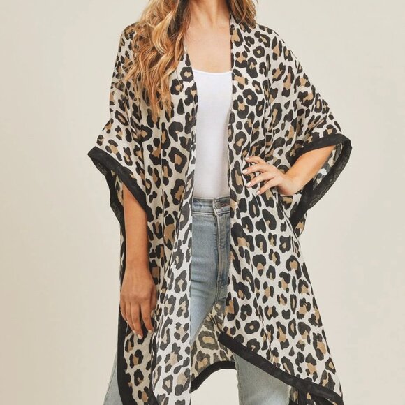 NWT Beige Leopard Print Boho Sheer Kimono Cardigan Lightweight Summer Beach - Picture 1 of 3
